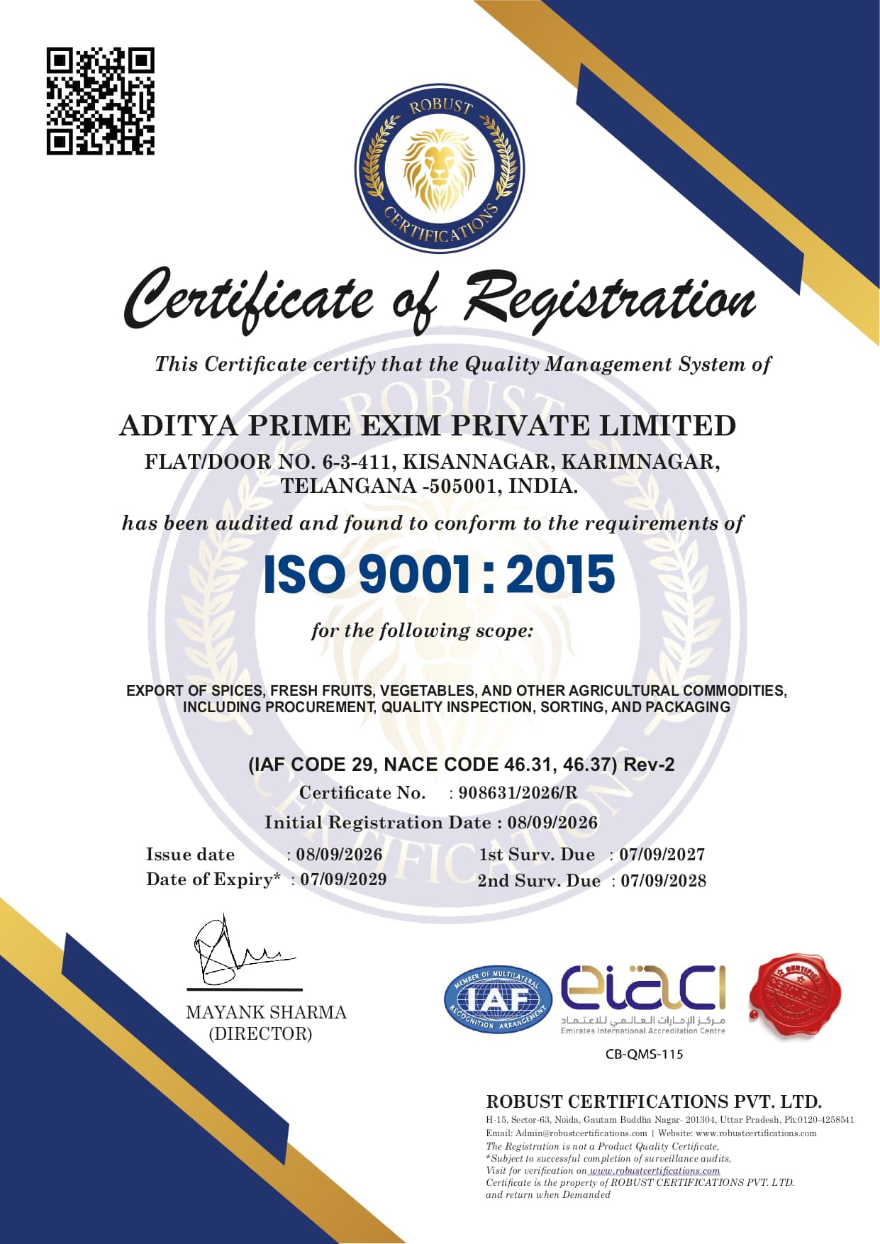 Aditya Prime Exim — ISO Certified – IAF Accredited
