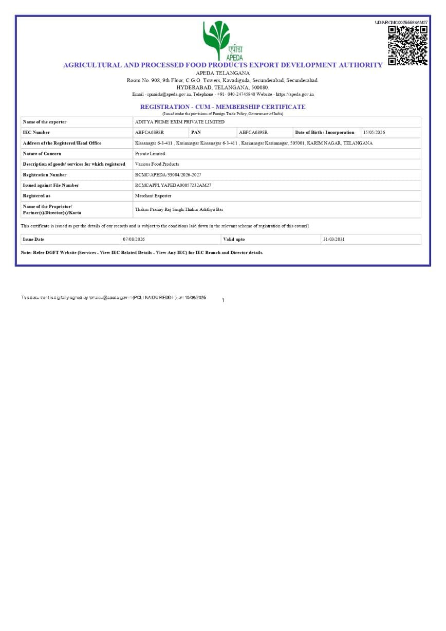 Aditya Prime Exim — APEDA