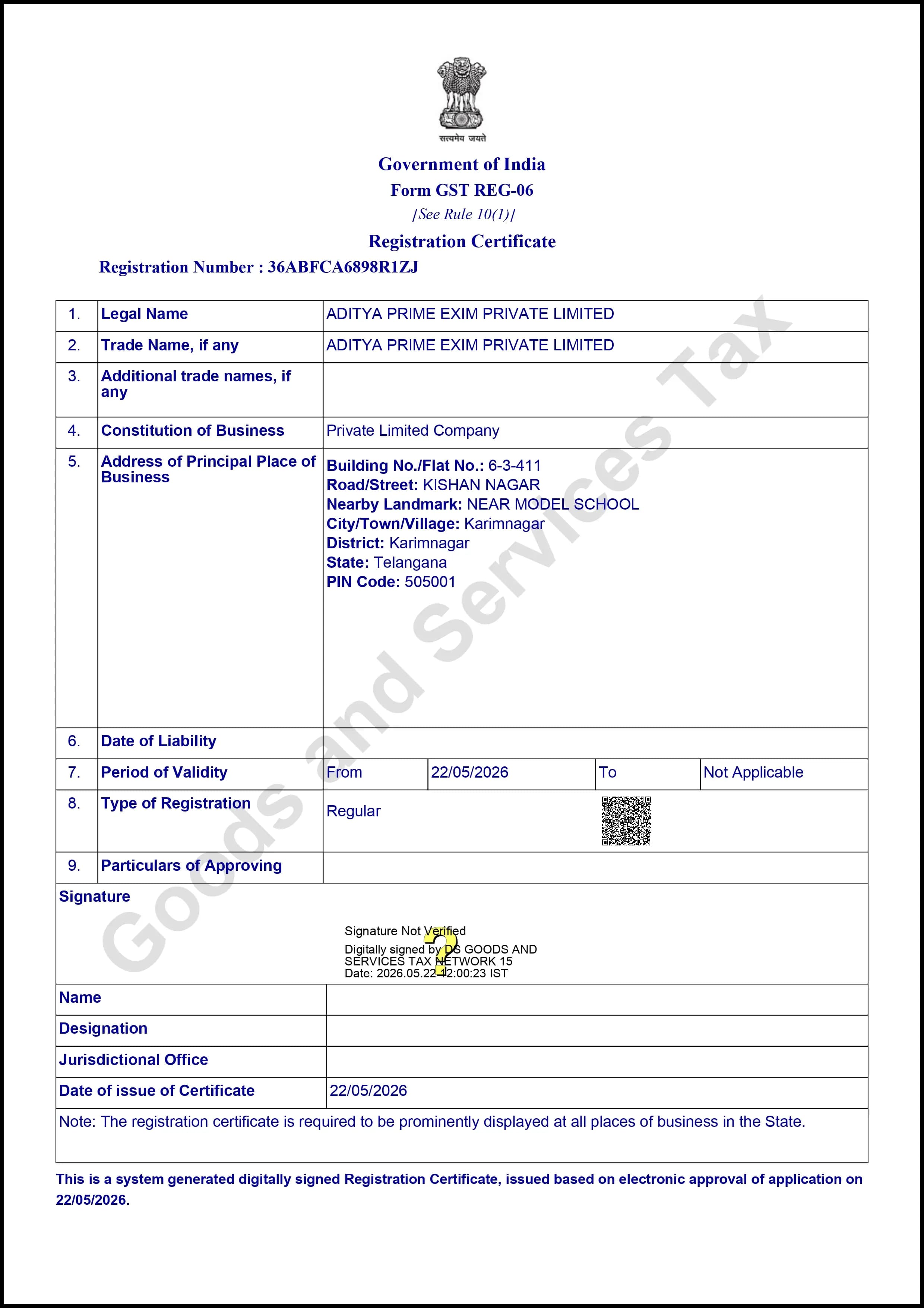 Aditya Prime Exim — GST Registration Certificate