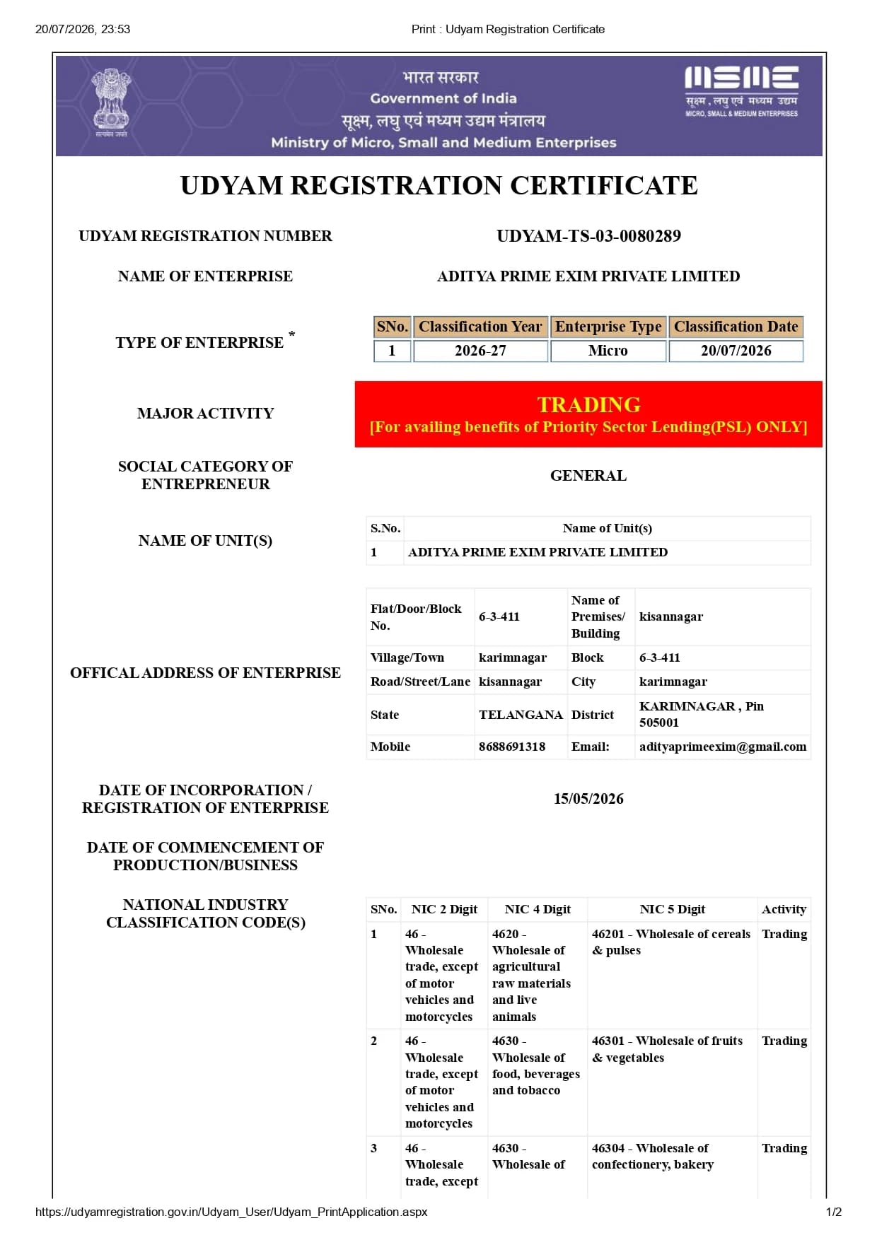 Aditya Prime Exim — Udyam Registration Certificate